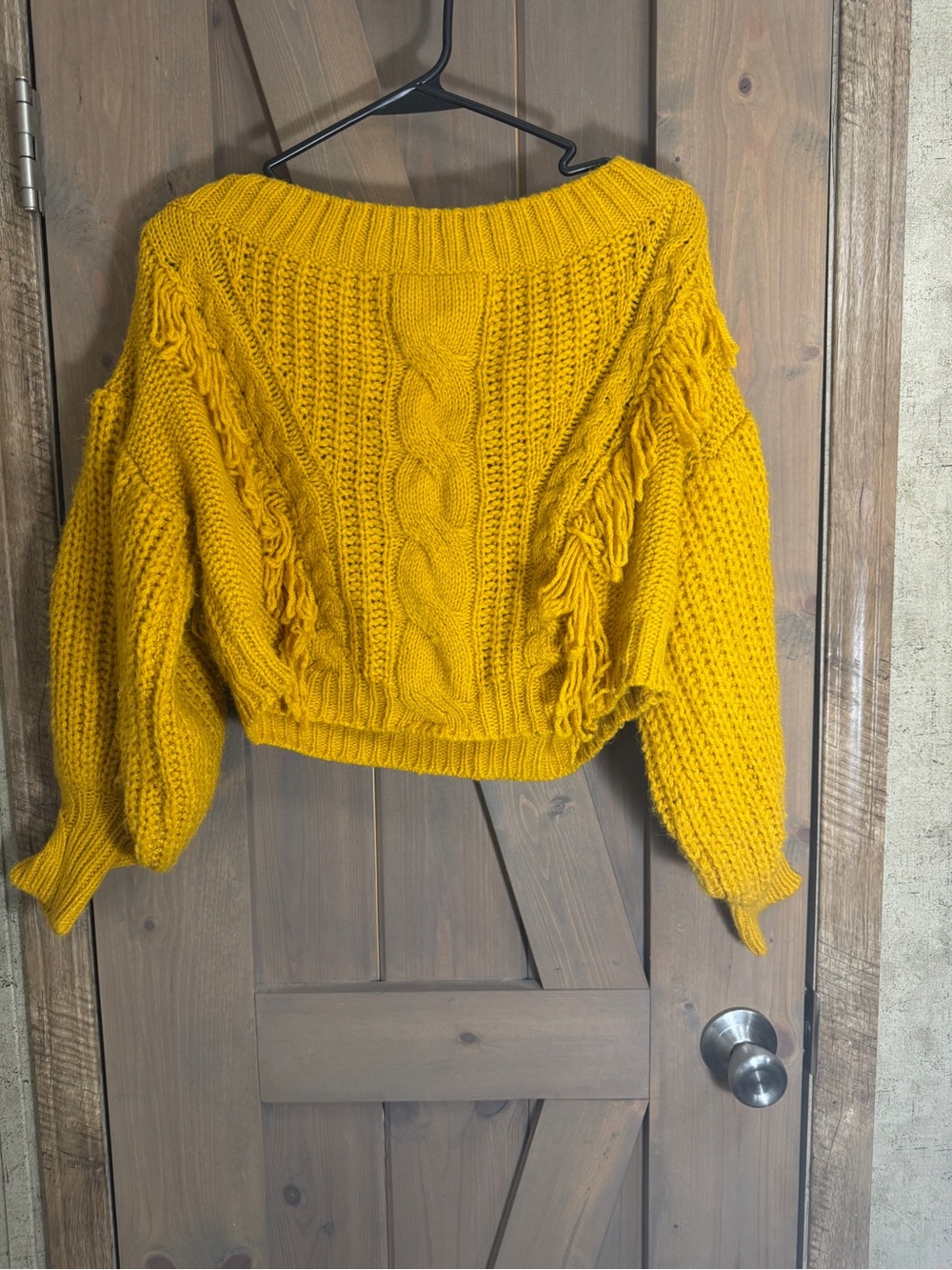 Blue Blush Mustard Cropped Cable Knit Fringe Sweater